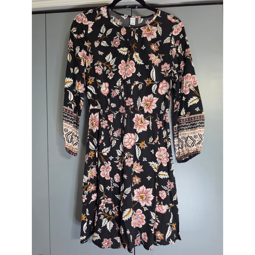 NWOT Old Navy Floral Long Sleeve Dress Size S Black Pink Boho Keyhole Neck
